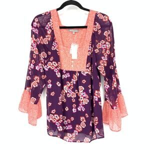 Anthropologie Daniel Rainn Euphemia Top Womens Sz M Flared Sleeve Purple Floral